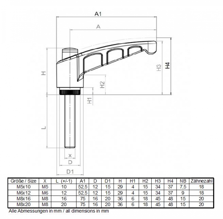 Locking Lever with external thread M8x16 made of plastic and steel